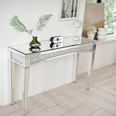 Console Table Tapered Legs Sparkling Apron Inlay Mirrored Finish