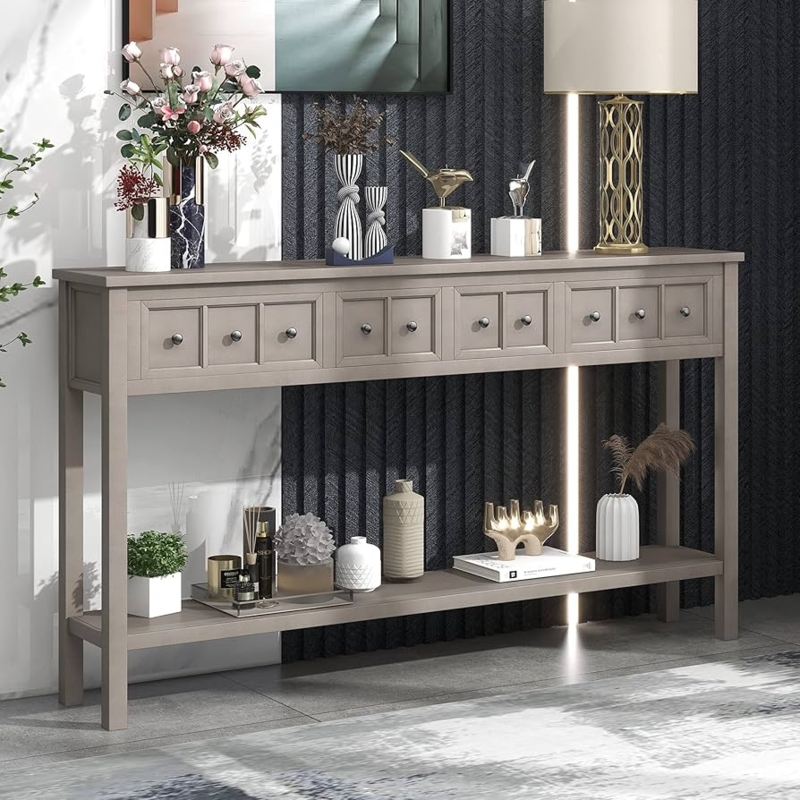 Console Table Taupe Finish 12-Knob Drawers Bottom Shelf Slender Entryway