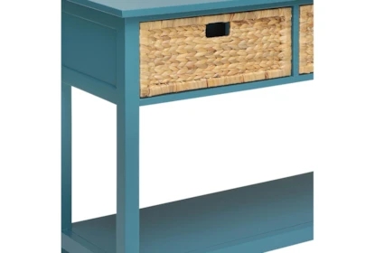 Console Table Teal Finish Woven Texture Basket Drawers Narrow