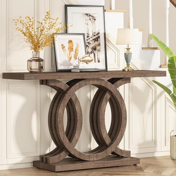 Console Table Textured Wood Grain Interlocking Circles Base Farmhouse