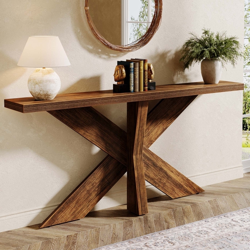 Console Table Thick Slab Top Deep Walnut X Base Architectural Design