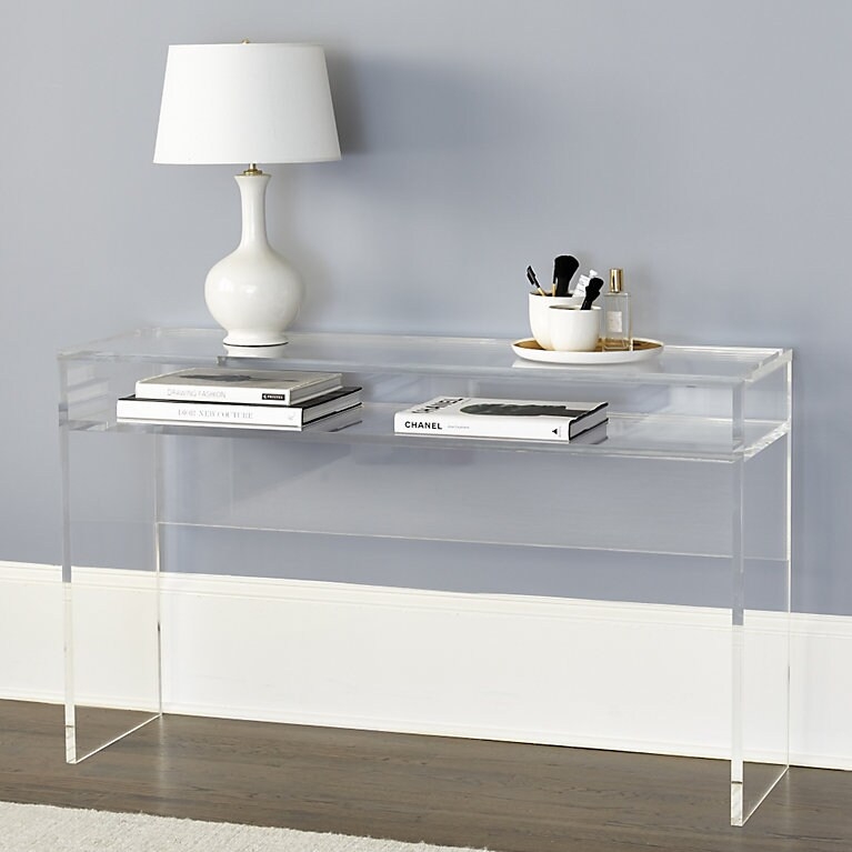 Console Table, Thick-Walled Acrylic Two-Tier Waterfall Style.