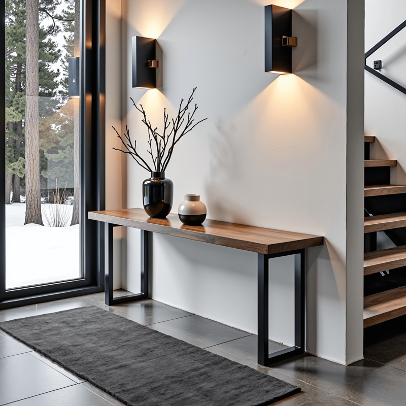 Console Table Thick Wood Slab Top Minimalist Black Metal Legs