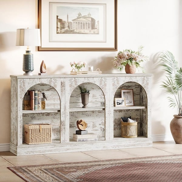 Console Table Three-Arch Design Distressed White Open Shelving