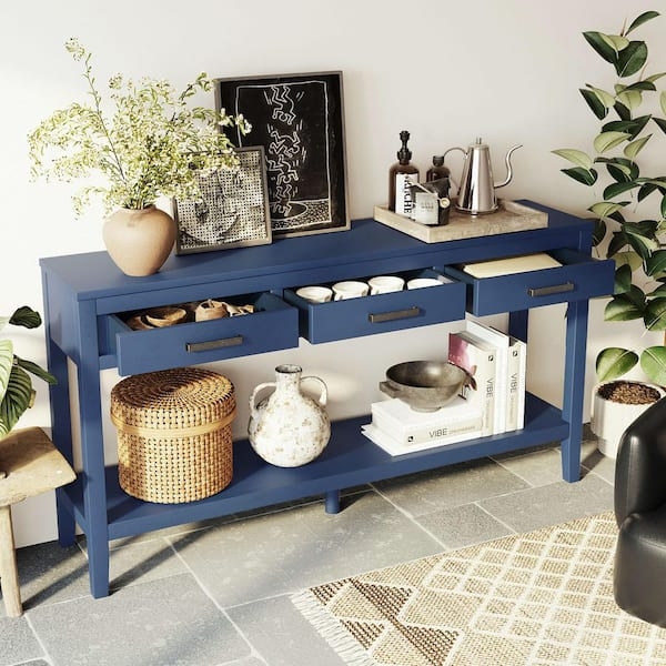 Console Table Three Drawer Layout Navy Blue Matte Finish Open Bottom Shelf