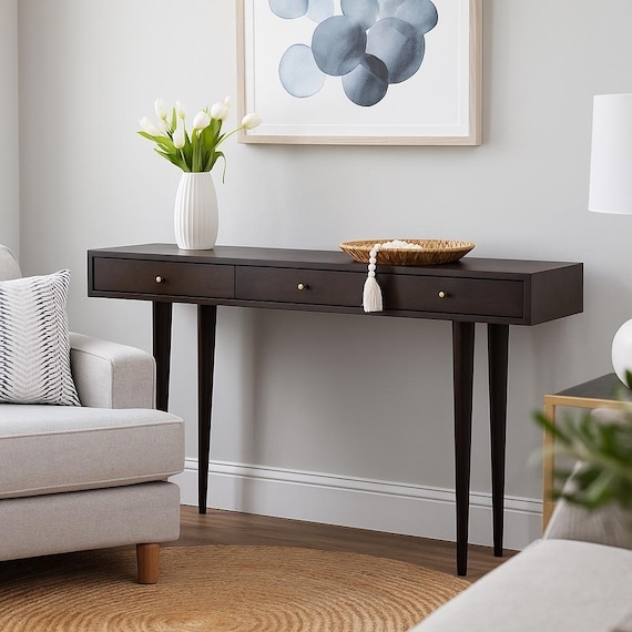 Console Table Three Drawers Brass Knobs Mid-Century Style Entryway