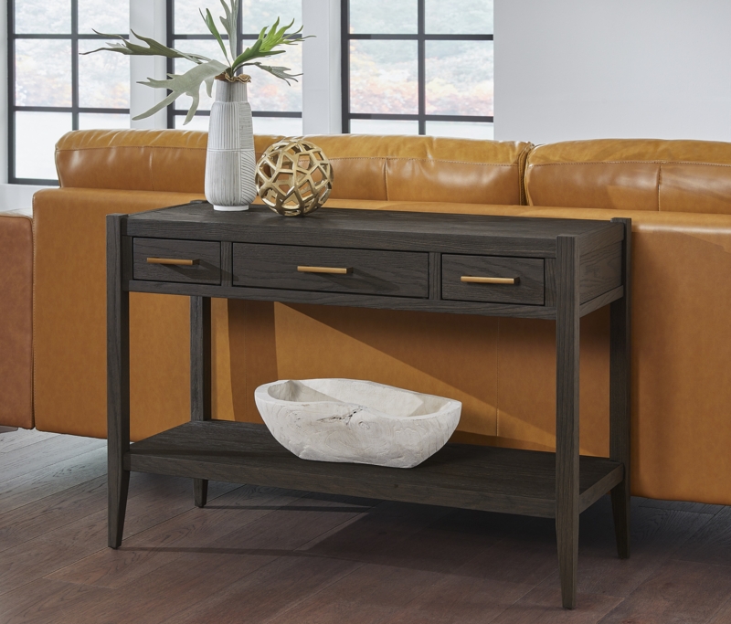 Console Table Three Drawers Gold Hardware Tapered Legs Modern