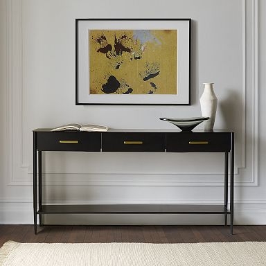 Console Table Three Drawers Slim Metal Frame Minimalist Gold Hardware