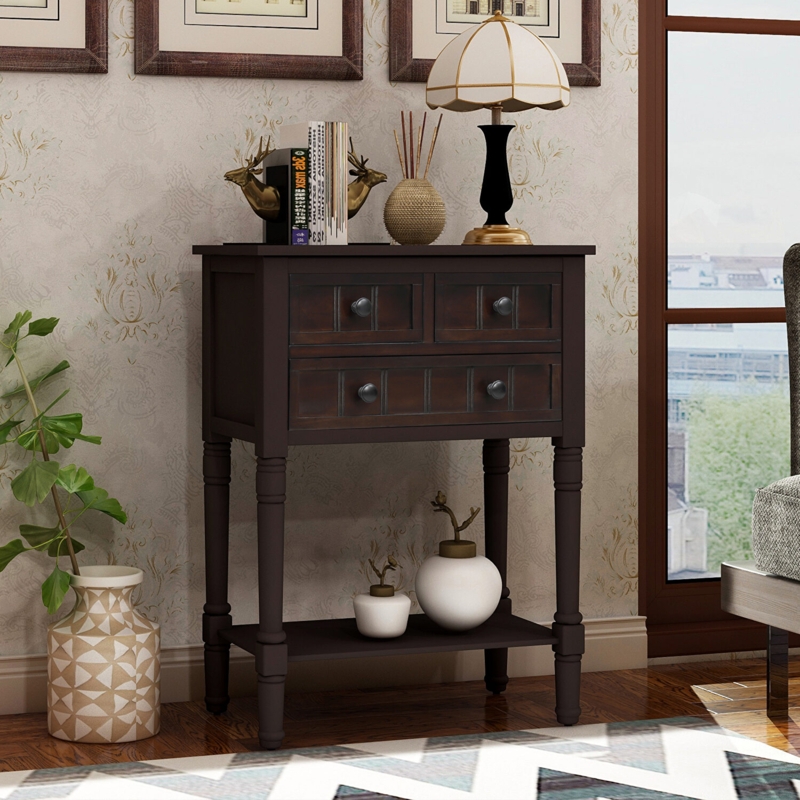 Console Table Three Drawers Turned Legs Traditional Matte Finish