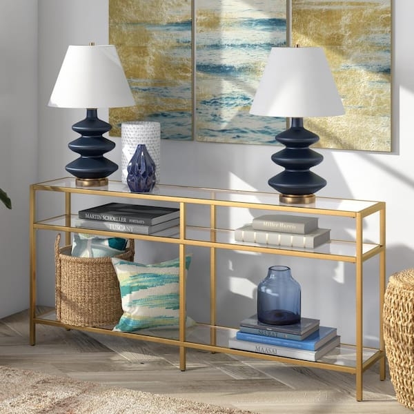Console Table, Three-Tier Brass & Tempered Glass, Modern Glam
