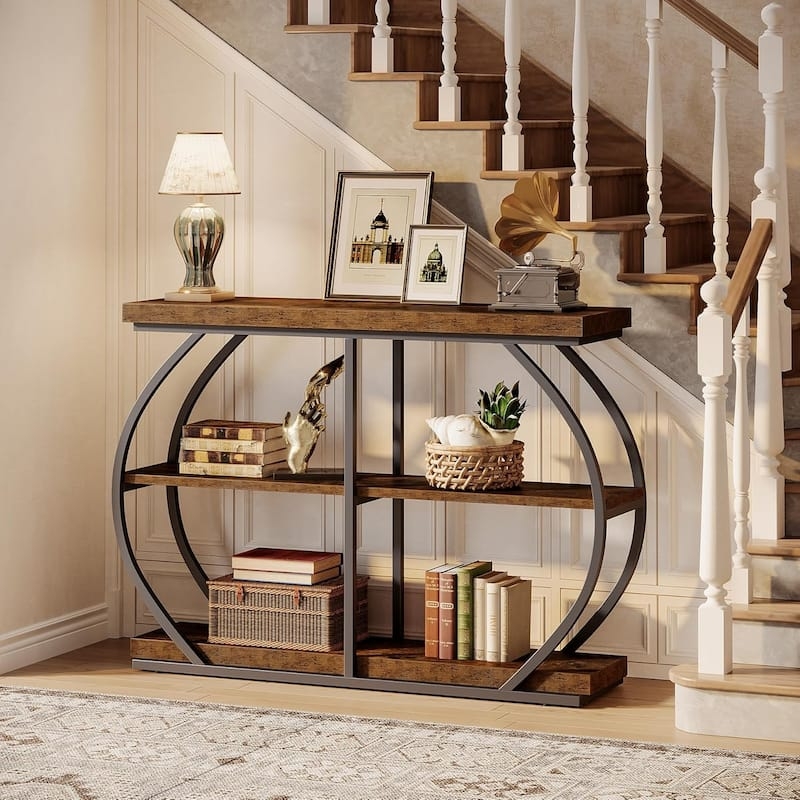 Console Table Three-Tier Circular Metal Side Supports Rustic Style