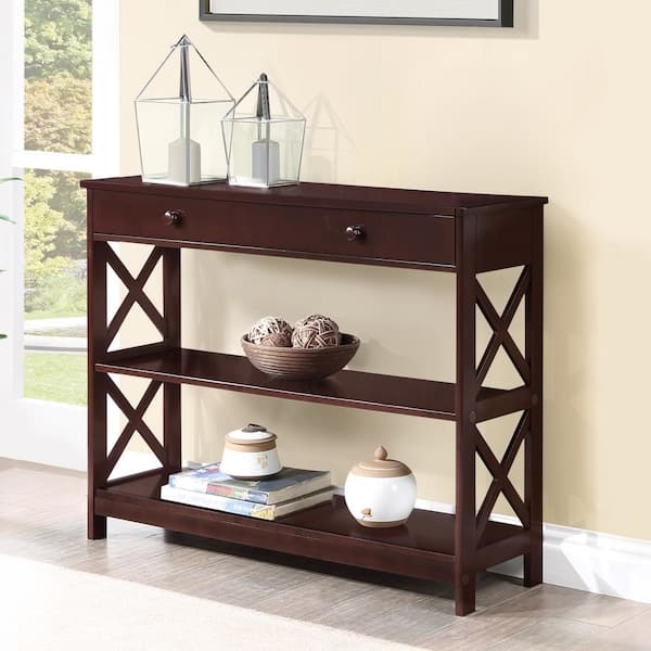 Console Table Three Tier Design X-Frame Sides Wood Toned Storage