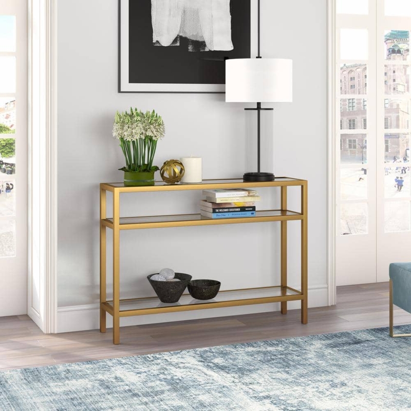 Console Table, Three-Tier Glass & Brass Frame with Open Shelving