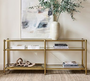 Console Table Three Tier Glass Shelves Gold Metal Frame Extra Long