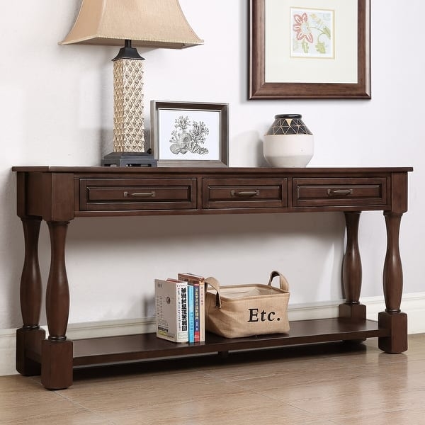 Console Table Traditional Turned Legs Three Drawers Espresso Long