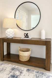 Console Table Transitional Wood Thick Block Legs Lower Shelf