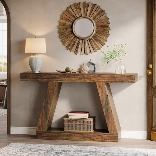 Console Table Trapezoid Base Thick Top Brown Wood Grain