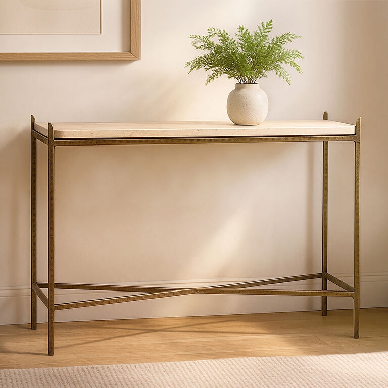 Console Table, Travertine Top & Antique Brass X-Base, Slim Profile