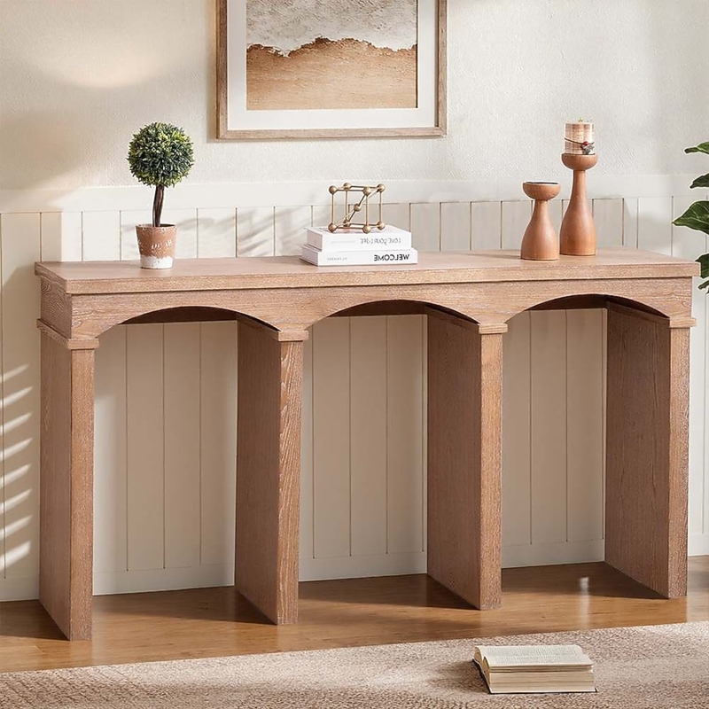 Console Table Triple Arch Base Chunky Legs Natural Wood 60 Inch