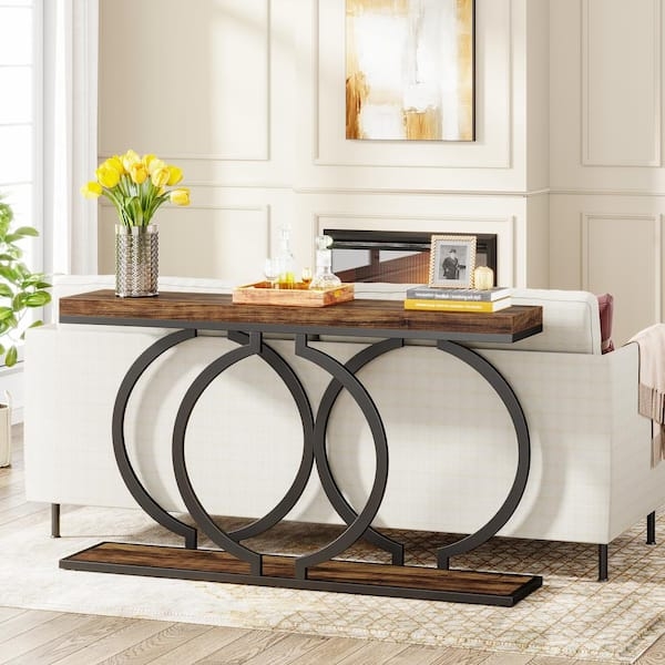 Console Table Triple Ring Base Rustic Brown Wood Geometric Metal
