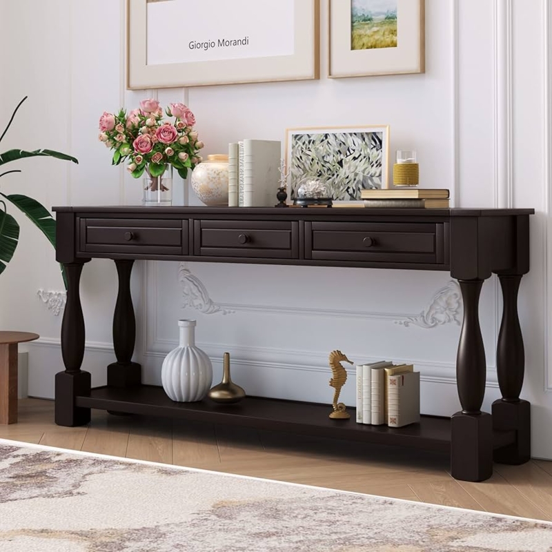 Console Table Turned Legs Three Drawers Espresso Traditional