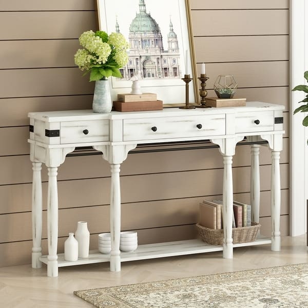 Console Table Turned Spindle Legs Three Drawers Vintage Distressed