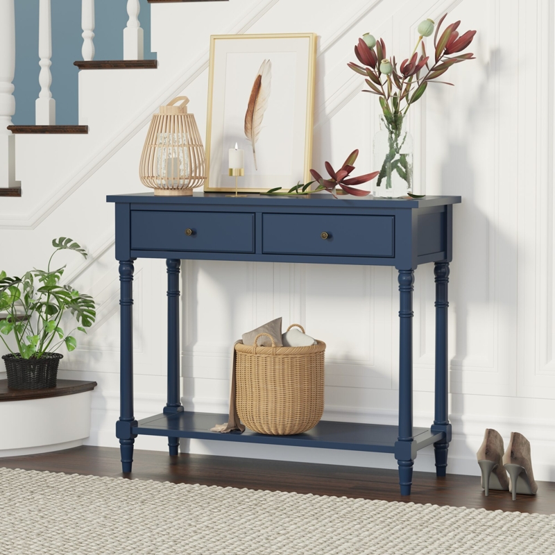 Console Table Turned Spindle Legs Two Drawers Lower Shelf Traditional Style