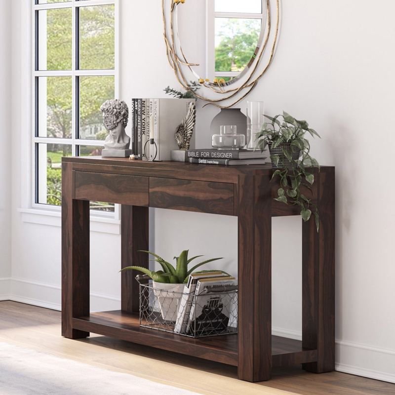Console Table Two Drawers Bottom Shelf Dark Wood Finish Rustic