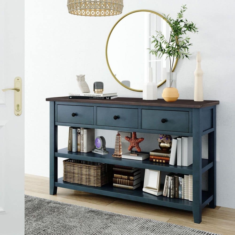 Console Table Two Open Shelves Dark Wood Top Three Drawers Modern Farmhouse