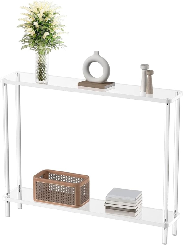 Console Table, Two-Tier Acrylic with Cylindrical Legs, Modern.