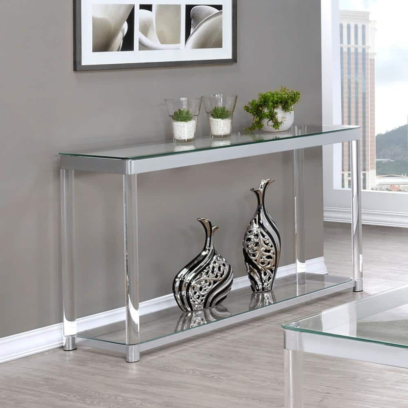 Console Table Two Tier Glass Chrome Cylindrical Legs