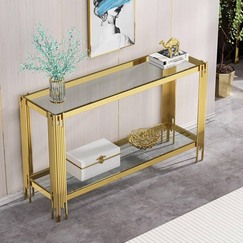 Console Table Two Tier Glass Reeded Legs Gold Mirrored Finish