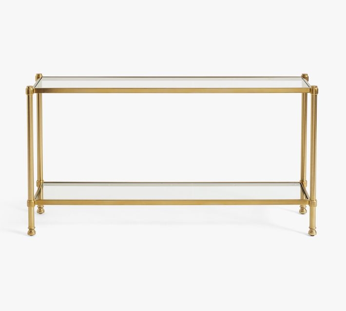 Console Table, Two-Tier Glass with Gold Frame & Post Finials