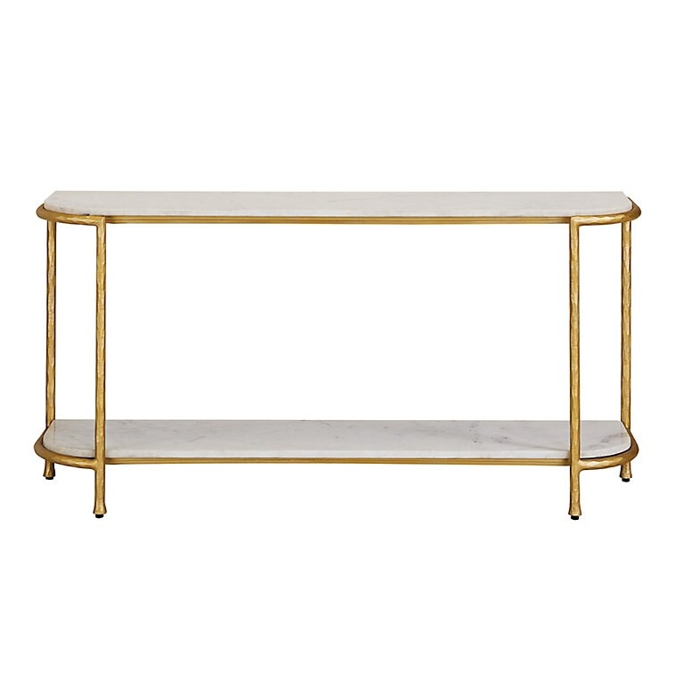 Console Table, Two-Tier Hammered Gold Frame & Rounded Marble-Like Shelves