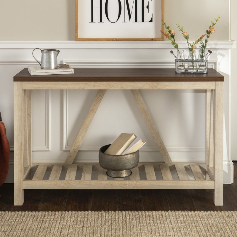 Console Table Two-Tone Wood A-Frame Slatted Lower Shelf Farmhouse