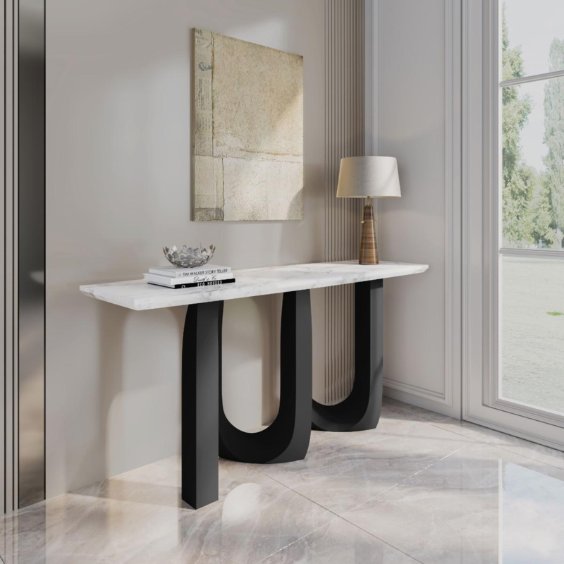 Console Table U Shaped Base Marbled Top Bold Silhouette Modern Design