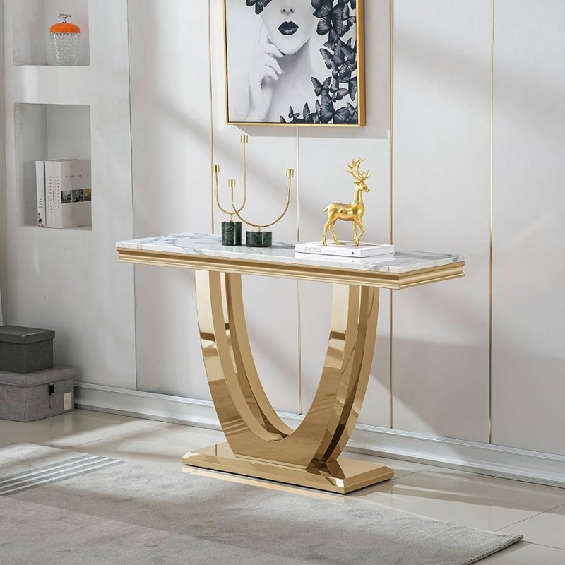 Console Table U-Shaped Base Mirrored Gold Finish Faux Marble Top