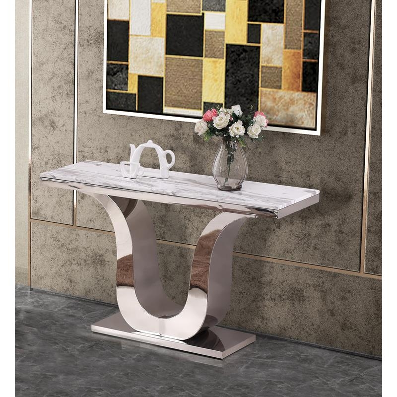 Console Table U-Shaped Base Polished Stainless Steel Marble Top Glam