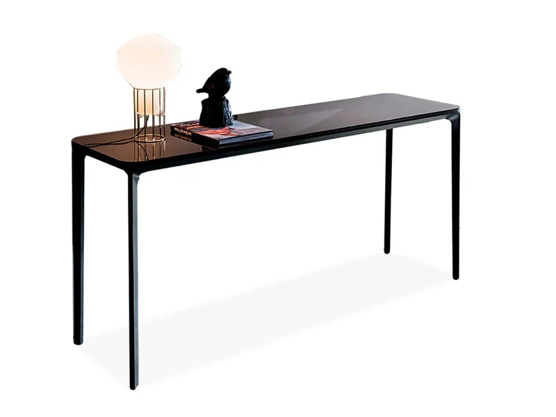 Console Table Ultra Slim Black Frame Rounded Glossy Top Sleek Minimalist