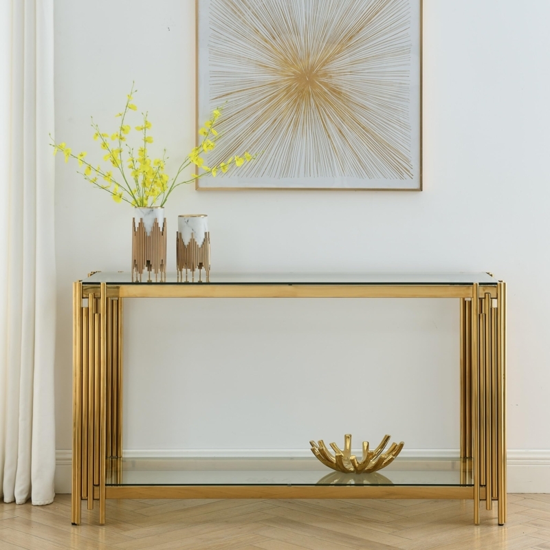 Console Table Vertical Rod Legs Tiered Glass Shelves Gold Modern Decor