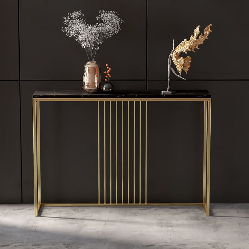 Console Table Vertical Slat Base Polished Metal Stone Top Entryway