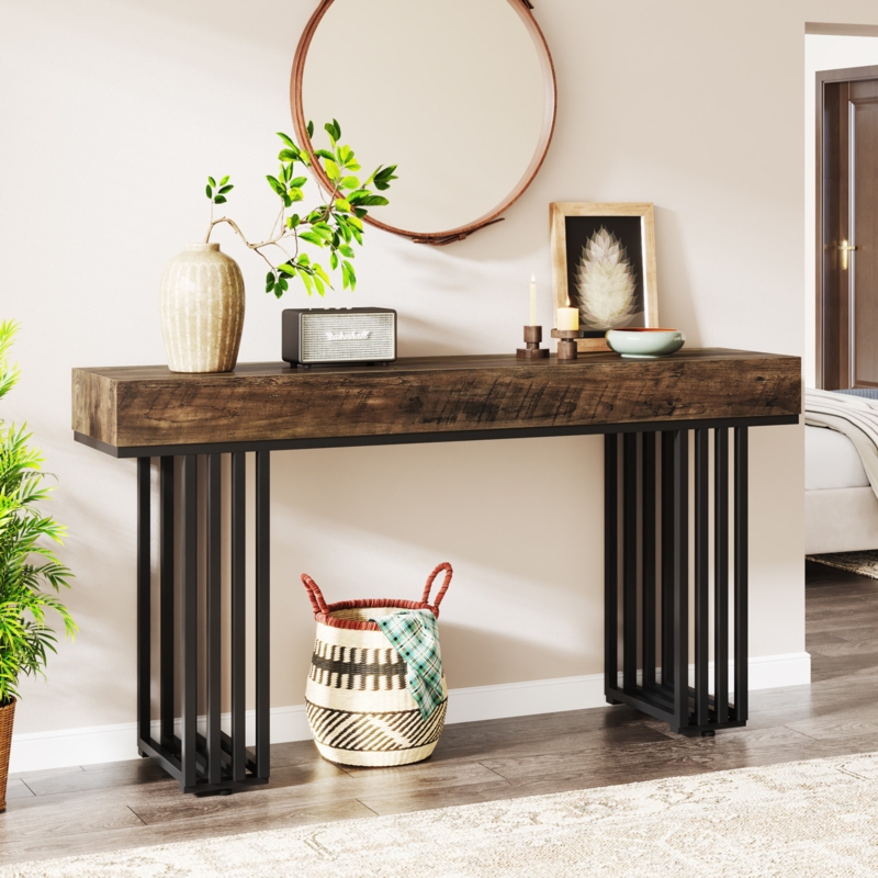 Console Table Vertical Slatted Metal Base Distressed Wood Top