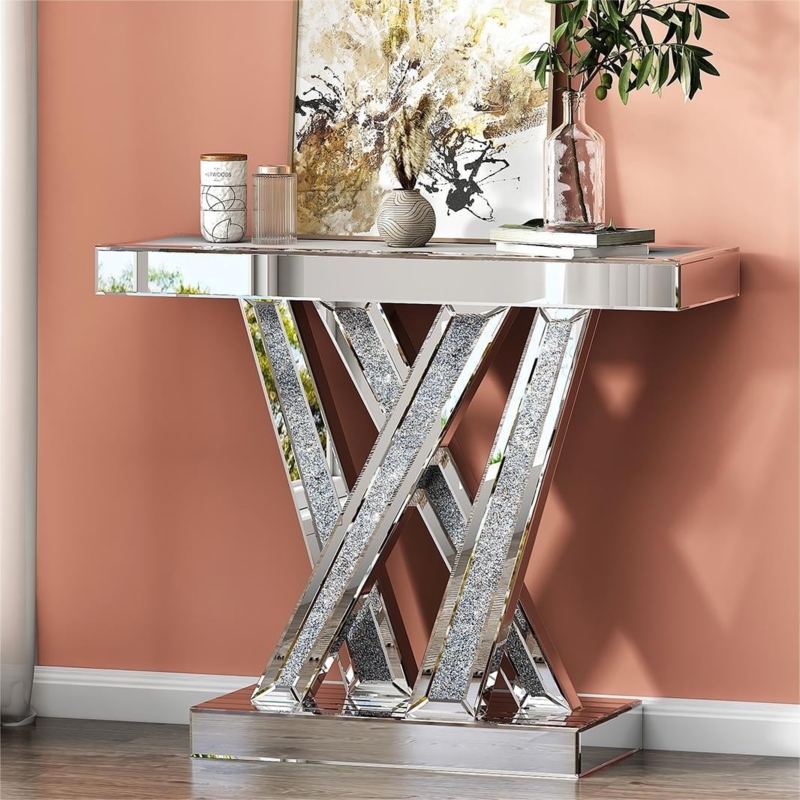 Console Table W-Shaped Base Crushed Crystal Inlay Mirrored Glam