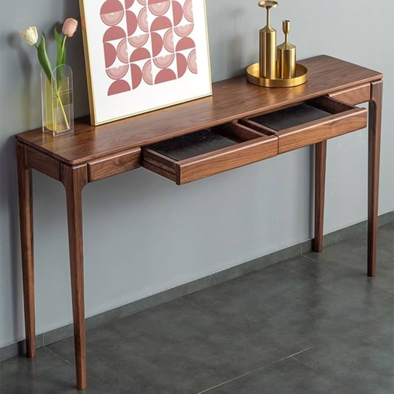 Console Table Walnut Brown Storage Drawers Mid-Century Modern Entryway