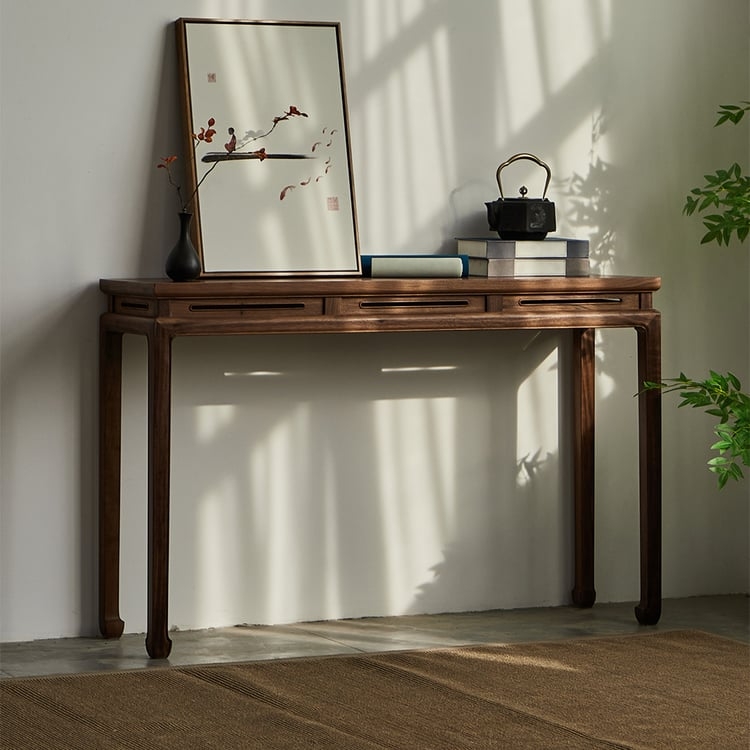 Console Table Walnut Finish Horizontal Slits Mid-Century Modern Hallway