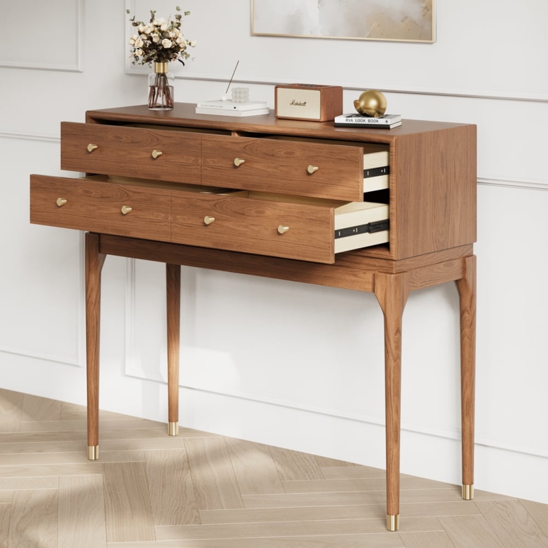 Console Table Walnut Four Drawers Gold Capped Legs Mid-Century Console