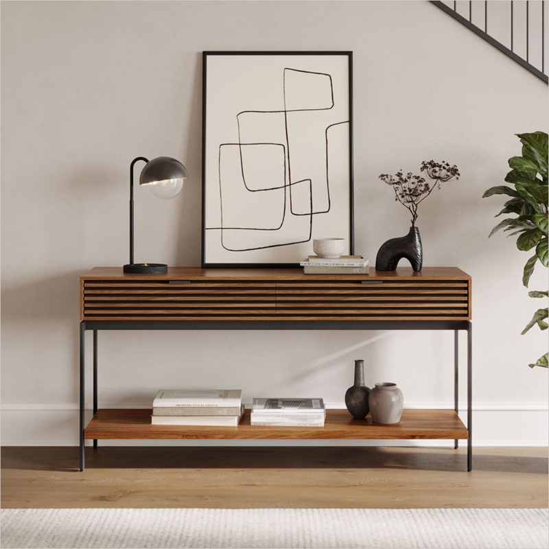 Console Table Walnut Slatted Front Metal Frame Slatted Wood Entryway