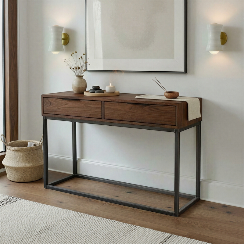 Console Table Walnut Toned Two Drawers Metal Box Frame Base