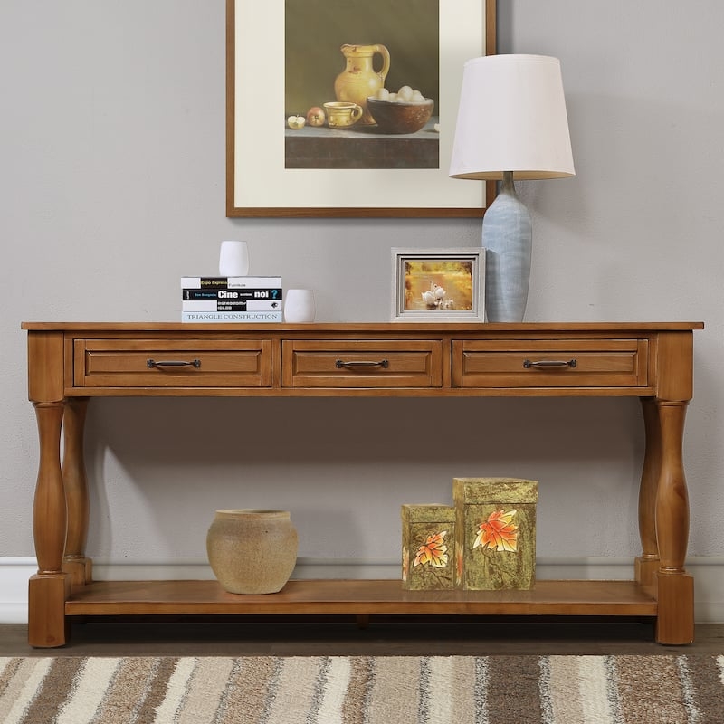 Console Table Warm Wood Finish Turned Pedestal Legs