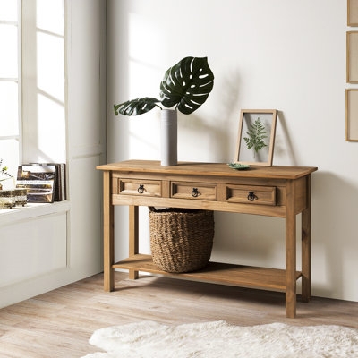 Console Table Warm Wood Three Drawers Slotted Lower Shelf Farmhouse